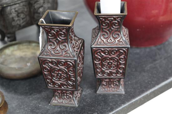 A pair of Chinese Guri lacquer square baluster vases, late 19th / early 20th century, 23.5cm